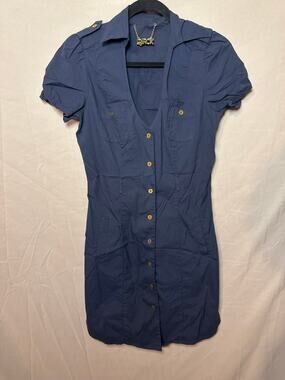 LaROK Blue Cotton Short Sleeve V-Neck Dress with Pockets XS